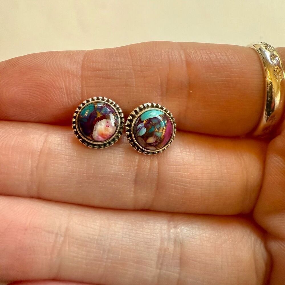 Southwestern Multi Color Dahlia Turquoise Dainty Stud Silver Earrings Handmade
